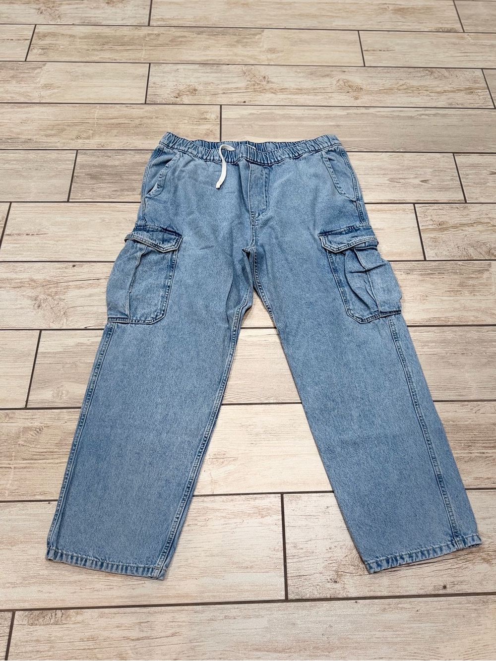 H&M Light Blue Denim Cargo Pants with Drawstring Waist